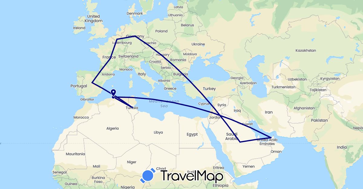 TravelMap itinerary: driving in United Arab Emirates, Belgium, Germany, Algeria, Spain, France, Saudi Arabia, Tunisia (Africa, Asia, Europe)
